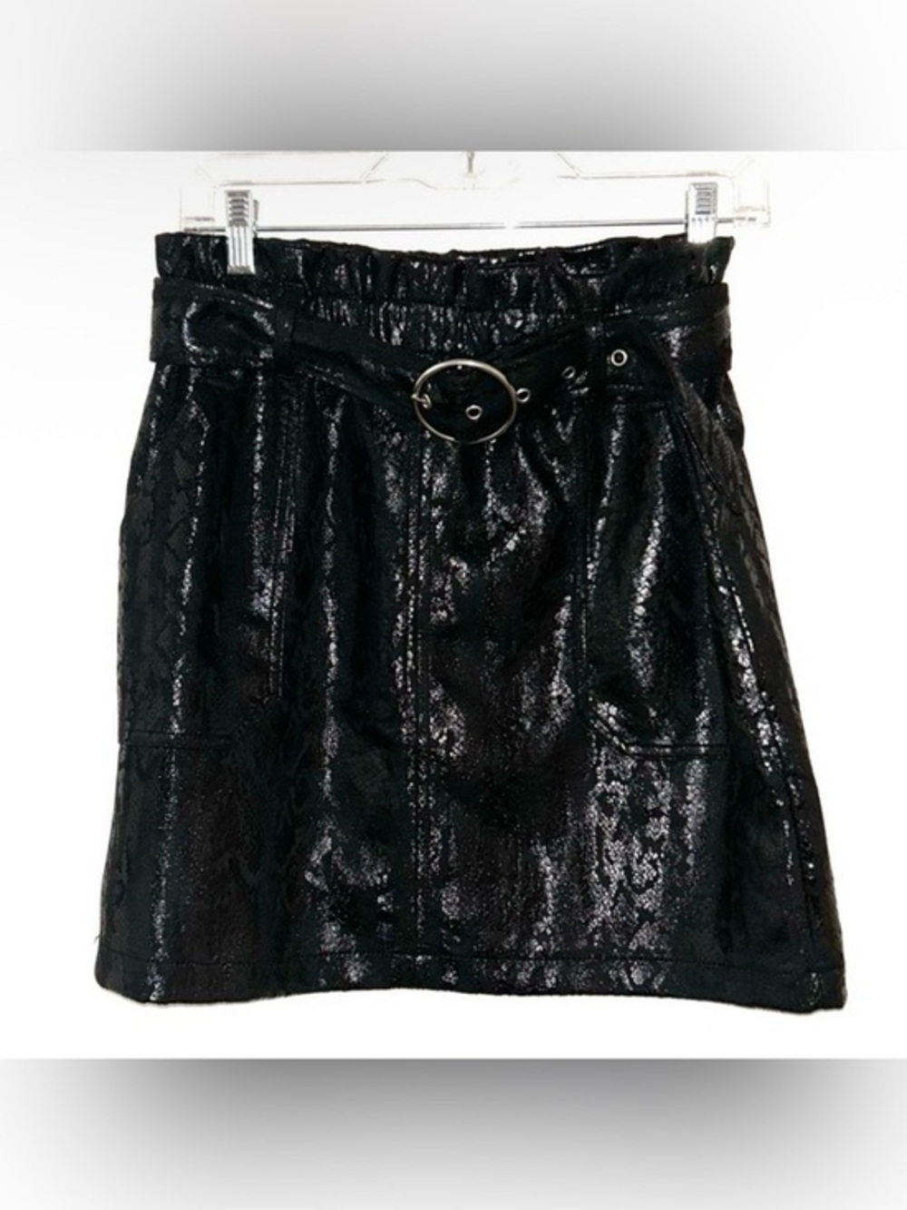 Black Shimmery Faux Leather Belted Mini Skirt